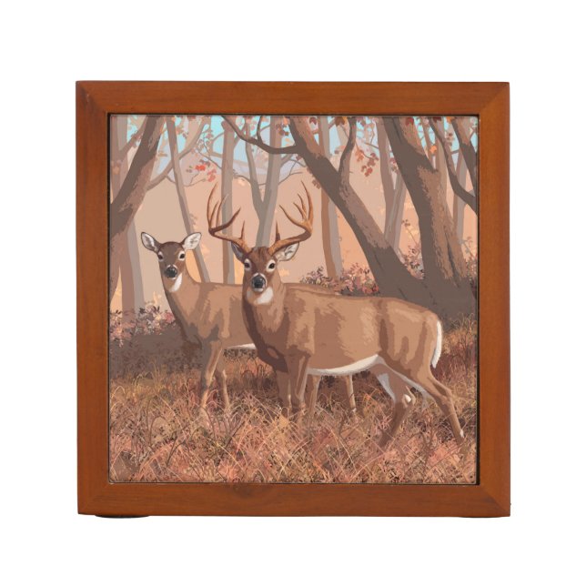 Whitetail Deer In Forest Retro Style Nature Desk Organizer (Front)