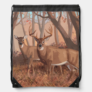 Whitetail Deer In Forest Retro Style Nature Drawstring Bag