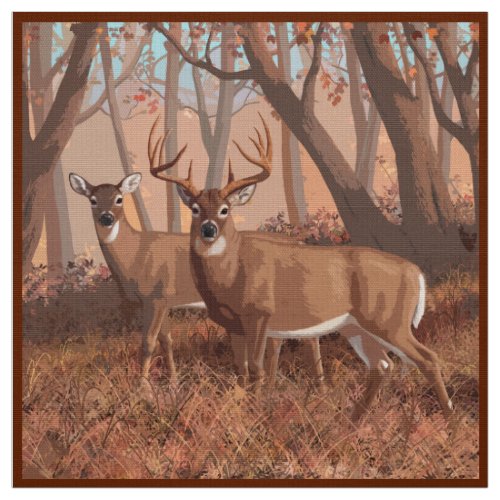 Whitetail Deer In Forest Retro Style Nature Fabric