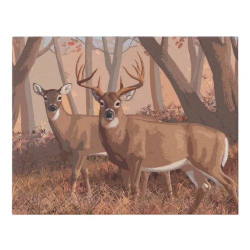 Whitetail Deer In Forest Retro Style Nature Faux Canvas Print