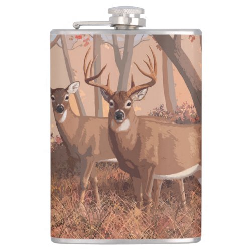 Whitetail Deer In Forest Retro Style Nature Flask