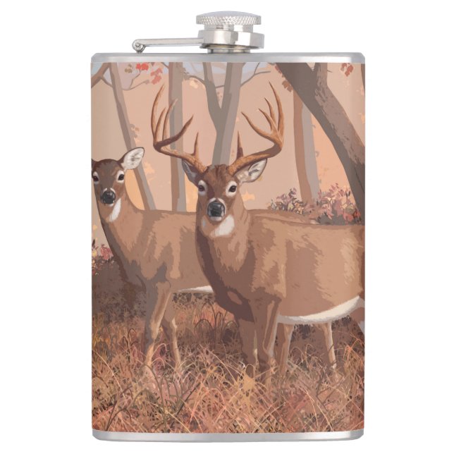 Whitetail Deer In Forest Retro Style Nature Flask (Front)