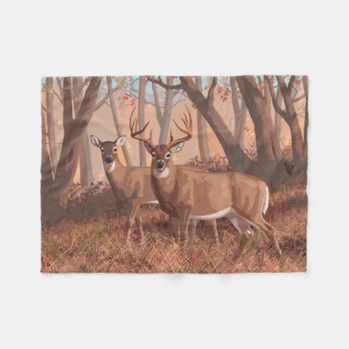 Whitetail Deer In Forest Retro Style Nature Fleece Blanket