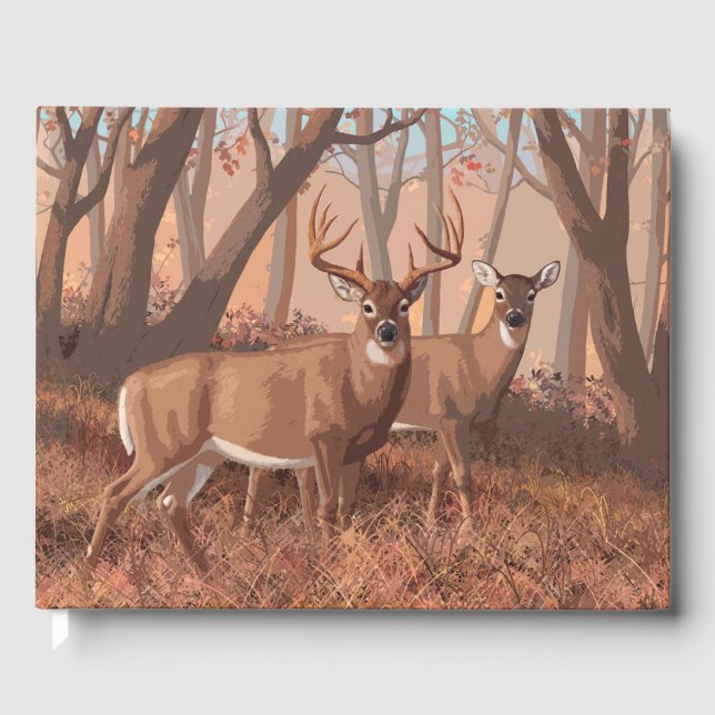 Whitetail Deer In Forest Retro Style Nature Guest Book (Front)