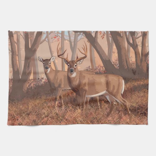 Whitetail Deer In Forest Retro Style Nature Kitchen Towel