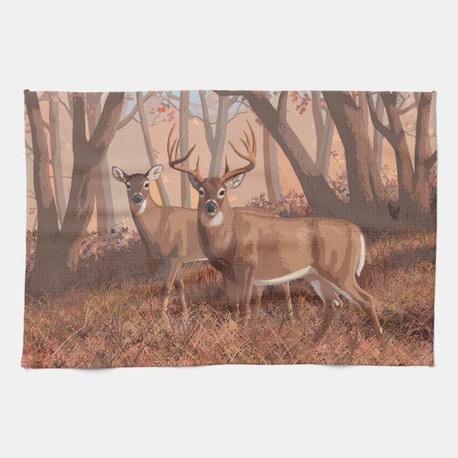Whitetail Deer In Forest Retro Style Nature Kitchen Towel (Horizontal)