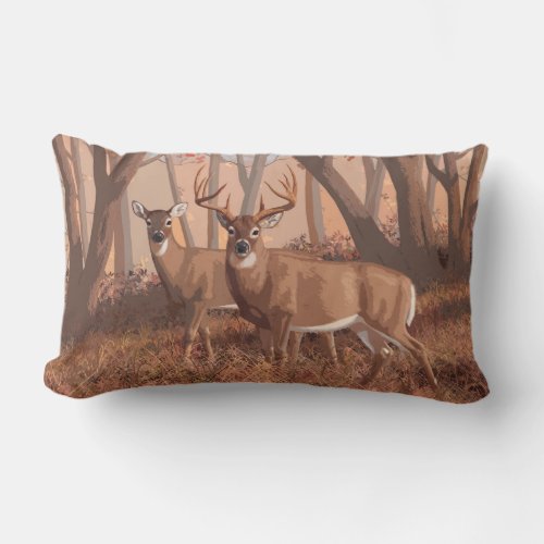 Whitetail Deer In Forest Retro Style Nature Lumbar Pillow