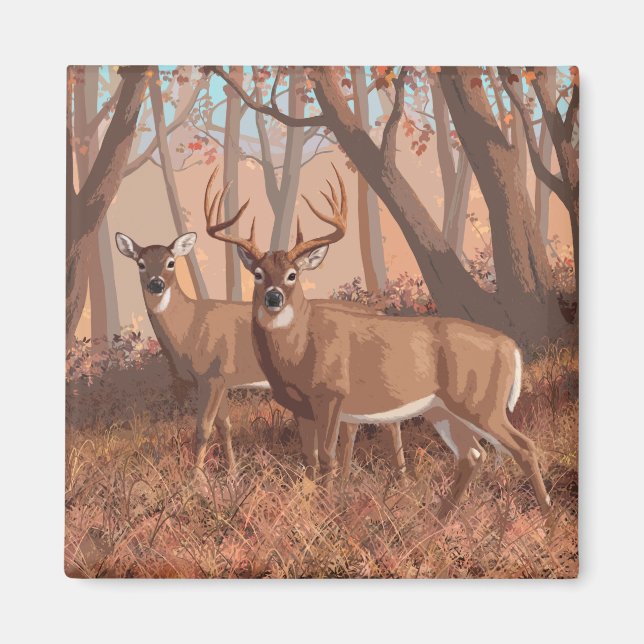 Whitetail Deer In Forest Retro Style Nature Magnet (Front)