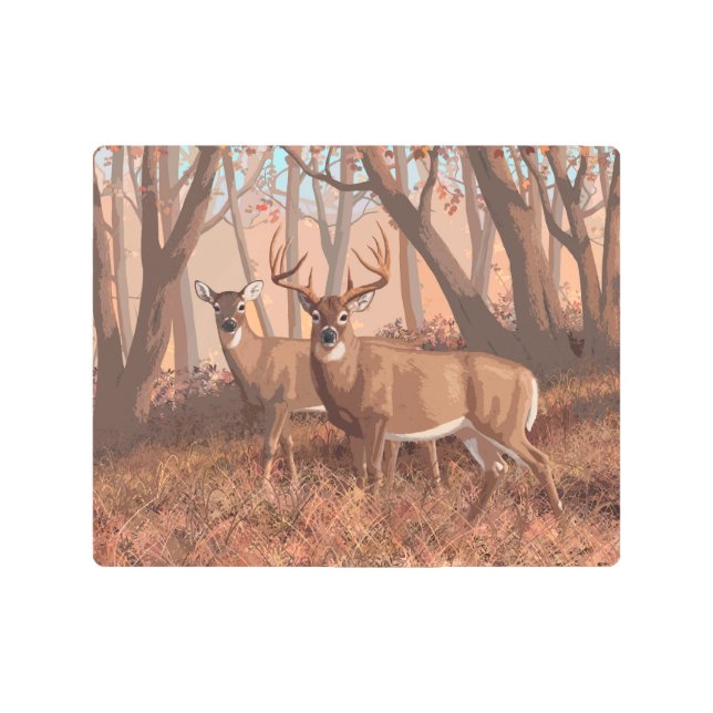 Whitetail Deer In Forest Retro Style Nature Metal Print (Front)