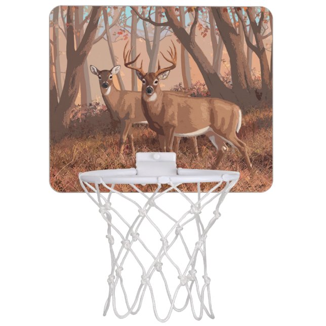 Whitetail Deer In Forest Retro Style Nature Mini Basketball Hoop (Front)