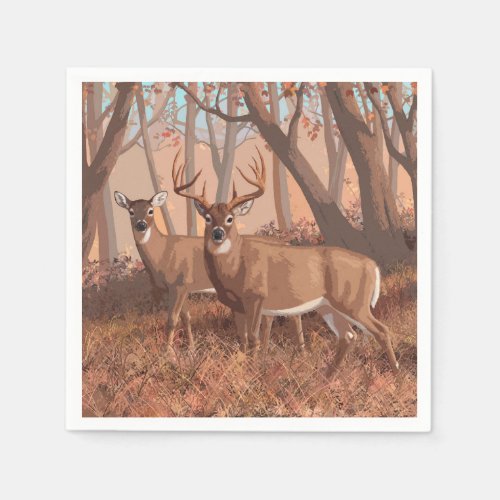 Whitetail Deer In Forest Retro Style Nature Napkins