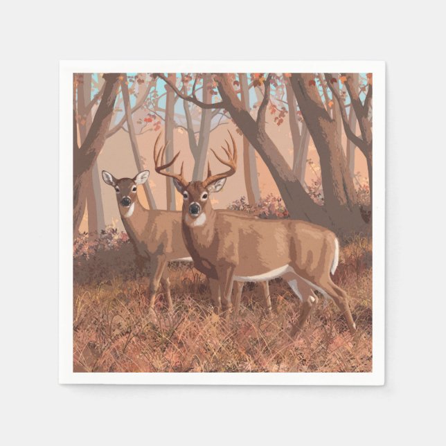 Whitetail Deer In Forest Retro Style Nature Napkins (Front)