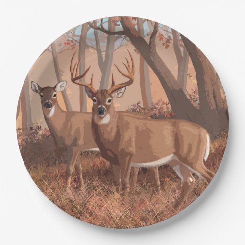 Whitetail Deer In Forest Retro Style Nature Paper Plates