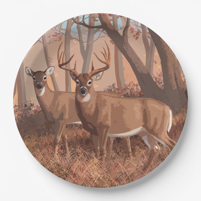 Whitetail Deer In Forest Retro Style Nature Paper Plates (Front)