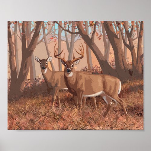 Whitetail Deer In Forest Retro Style Nature Poster