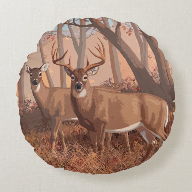 Whitetail Deer In Forest Retro Style Nature Round Pillow (Front)