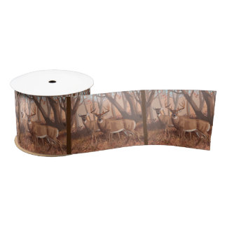 Whitetail Deer In Forest Retro Style Nature Satin Ribbon