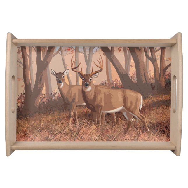 Whitetail Deer In Forest Retro Style Nature Serving Tray (Front)