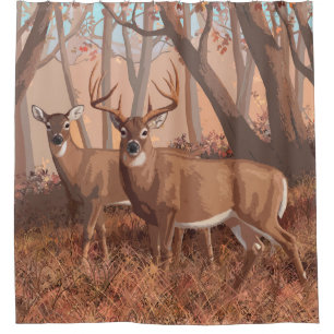 Whitetail Deer In Forest Retro Style Nature Shower Curtain