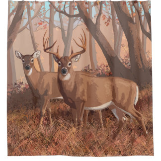 Whitetail Deer In Forest Retro Style Nature Shower Curtain