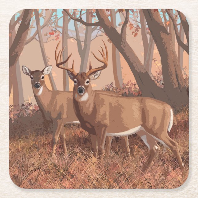 Whitetail Deer In Forest Retro Style Nature Square Paper Coaster (Front)