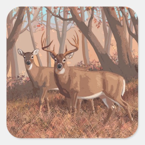 Whitetail Deer In Forest Retro Style Nature Square Sticker