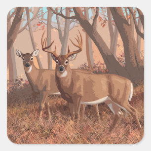 Whitetail Deer In Forest Retro Style Nature Square Sticker