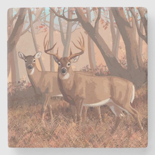 Whitetail Deer In Forest Retro Style Nature Stone Coaster