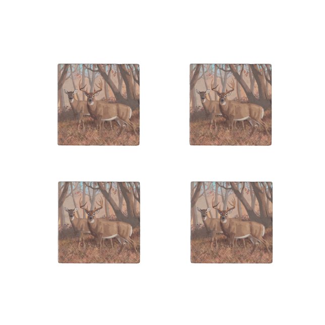 Whitetail Deer In Forest Retro Style Nature Stone Magnet (Front)