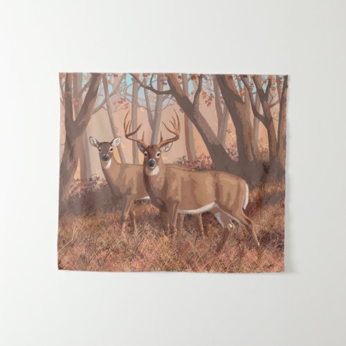 Whitetail Deer In Forest Retro Style Nature Tapestry