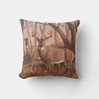 Whitetail Deer In Forest Retro Style Nature Throw Pillow