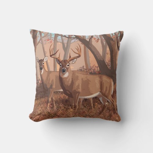 Whitetail Deer In Forest Retro Style Nature Throw Pillow