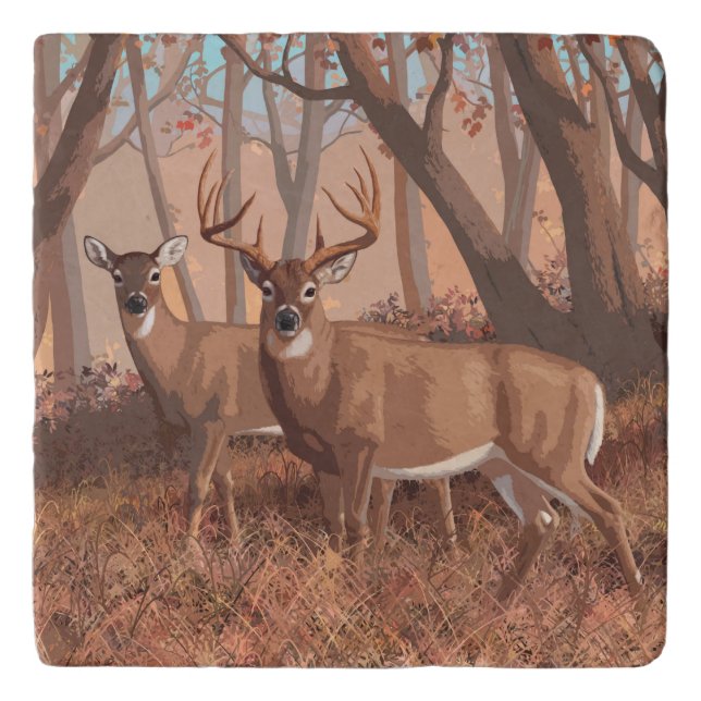 Whitetail Deer In Forest Retro Style Nature Trivet (Front)