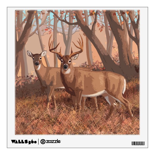 Whitetail Deer In Forest Retro Style Nature Wall Decal (Front)