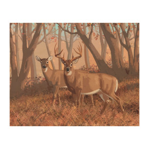 Whitetail Deer In Forest Retro Style Nature Wood Wall Art