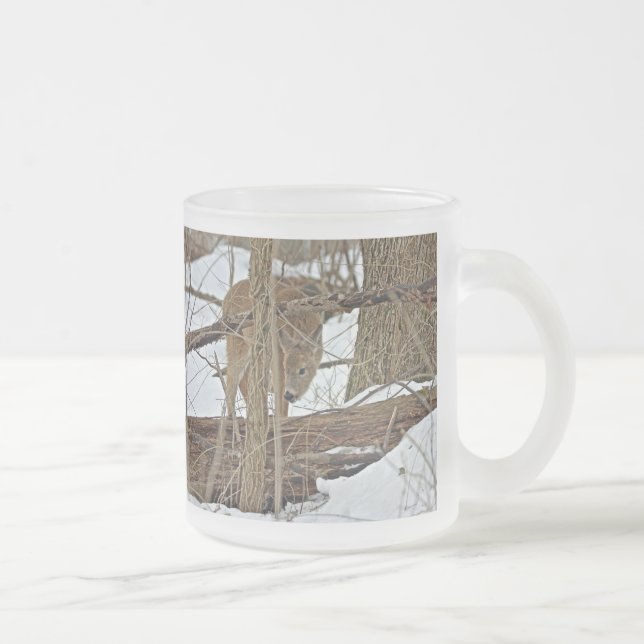 Whitetail Deer In Snow Frosted Glass Coffee Mug (Right)
