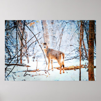 Whitetail Deer in Snow Watercolor Painting Art Poster