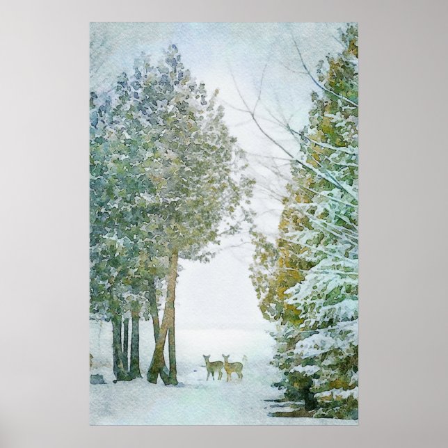 Whitetail Deer in Winter Snow Wildlife Watercolor Poster (Front)