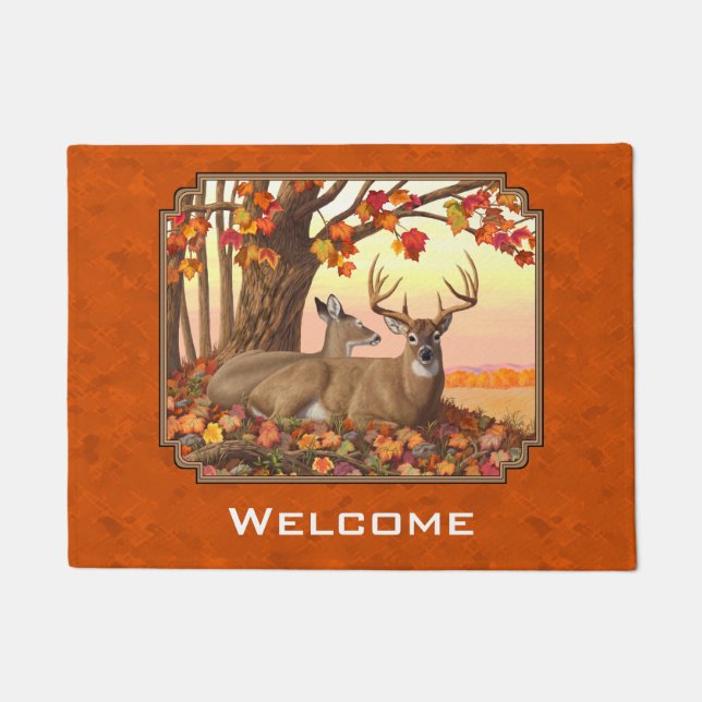 Whitetail Deer Maple Tree Autumn Orange Doormat (Front)