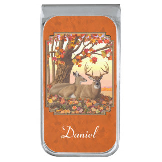 Whitetail Deer Maple Tree Autumn Orange Silver Finish Money Clip
