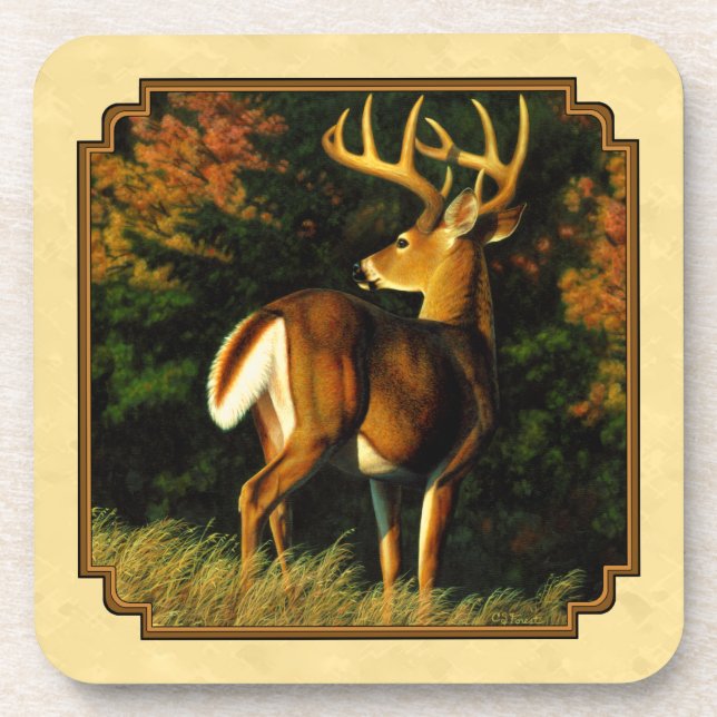 Whitetail Deer Monster Buck Yellow Beverage Coaster (Front)