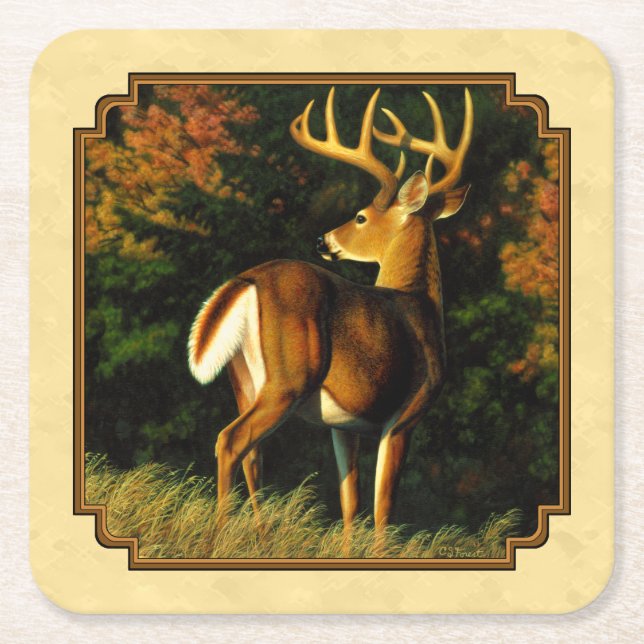 Whitetail Deer Monster Buck Yellow Square Paper Coaster (Front)