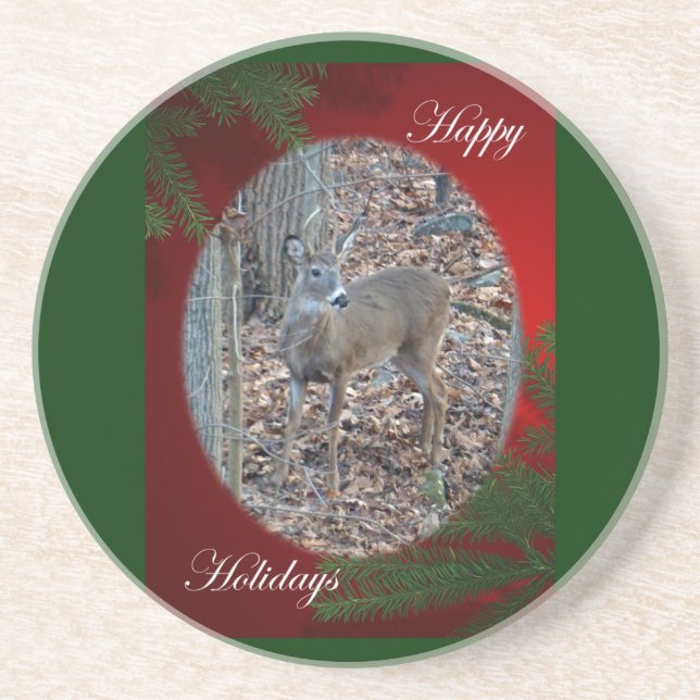 Whitetail Deer Spike Buck Happy Holidays Sandstone Coaster (Front)