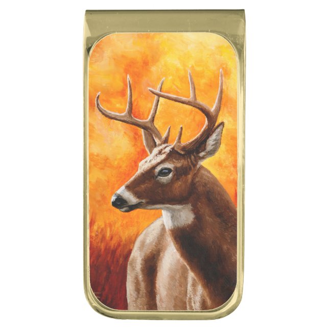 Whitetail Deer Trophy Buck Head Gold Finish Money Clip (Front Vertical)