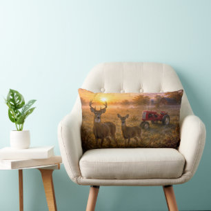 Whitetail Deer with Vintage Red Farm Tractor Lumbar Pillow