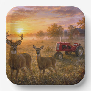 Whitetail Deer with Vintage Red Farm Tractor Paper Plates