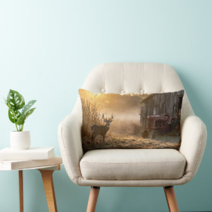 Whitetail Deer with Vintage Red Tractor Lumbar Pillow