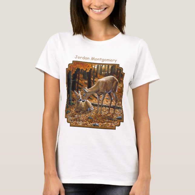 Whitetail Doe and Fawn Autumn T-Shirt (Front)
