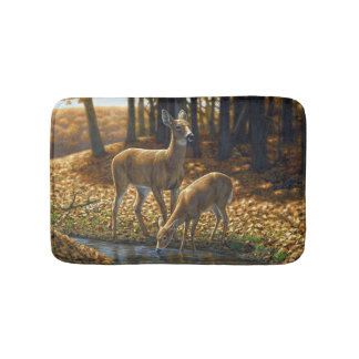 Whitetail Doe and Fawn Drinking from a Stream Bath Mat