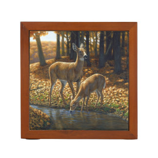 Whitetail Doe and Fawn Drinking from a Stream Desk Organizer
